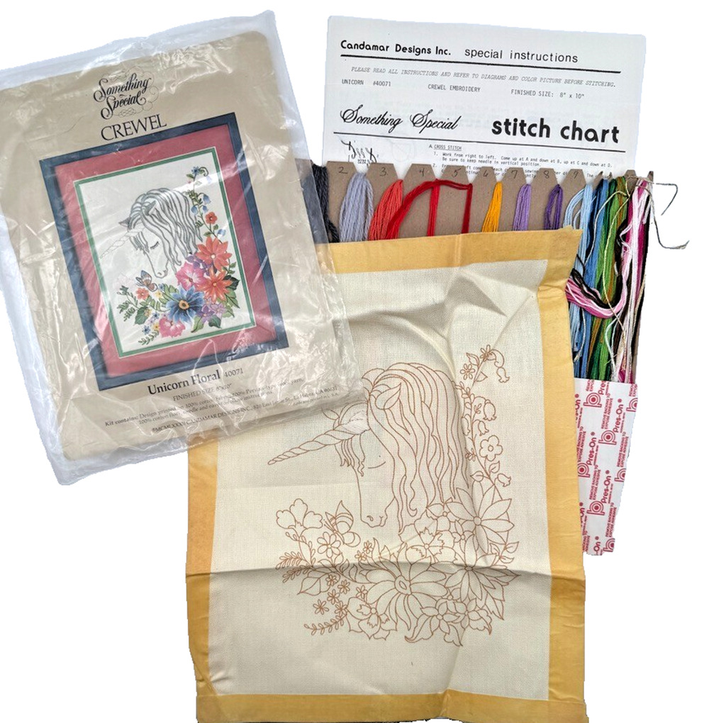 STARTED Unicorn Floral Crewel Kit #40071 Candamar Vintage 1982 Partial Project